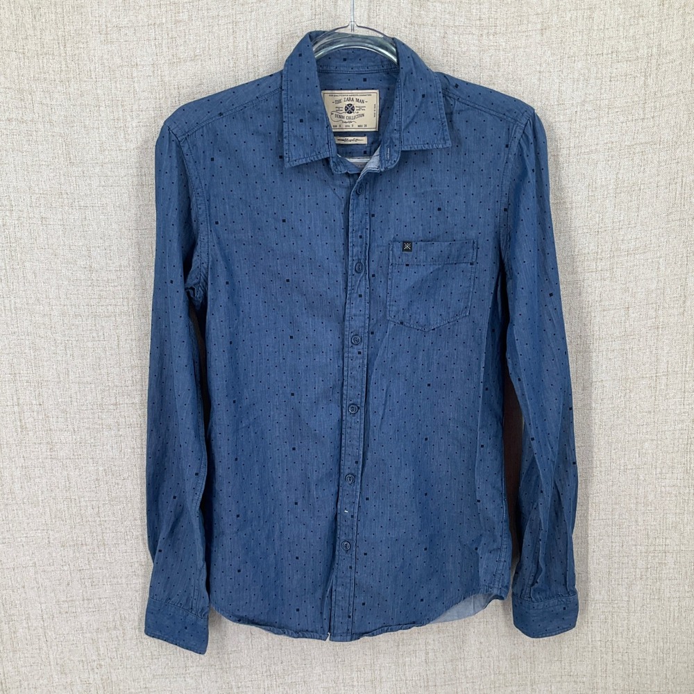 Zara Man Button Down Shirt Mens S Blue Denim Geometric Print Slim Fit